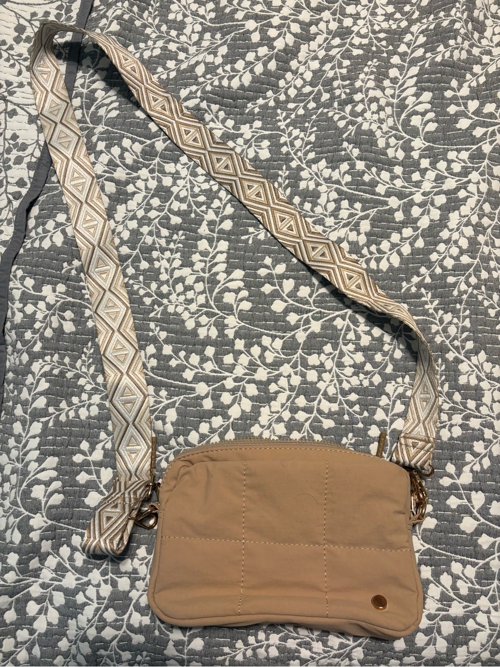 Neutral Tan Quilted Crossbody Bag with Decorative Strap